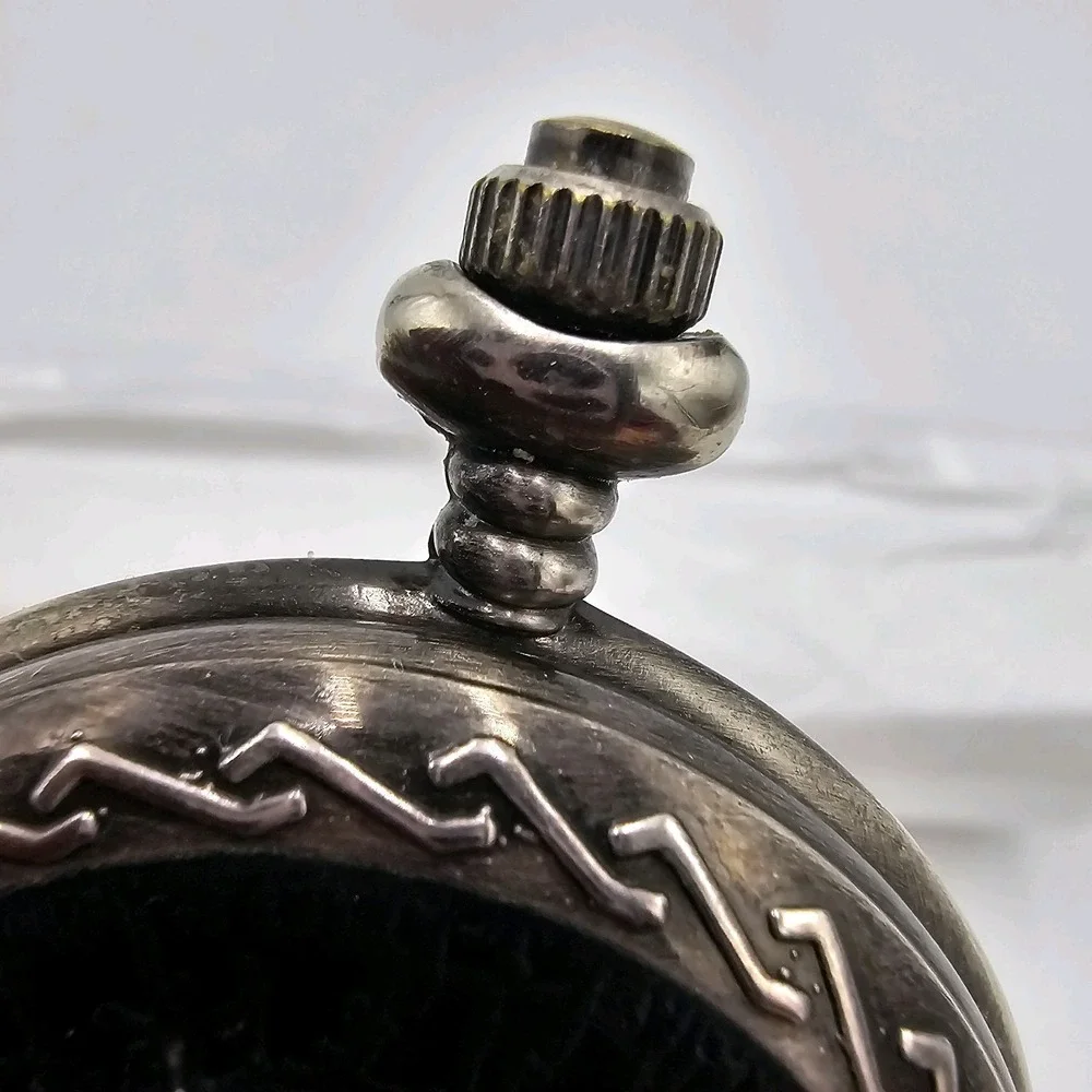 Calvin Hill Silver-Toned Pocket Watch Black Enamel Motorcycle Not Operational